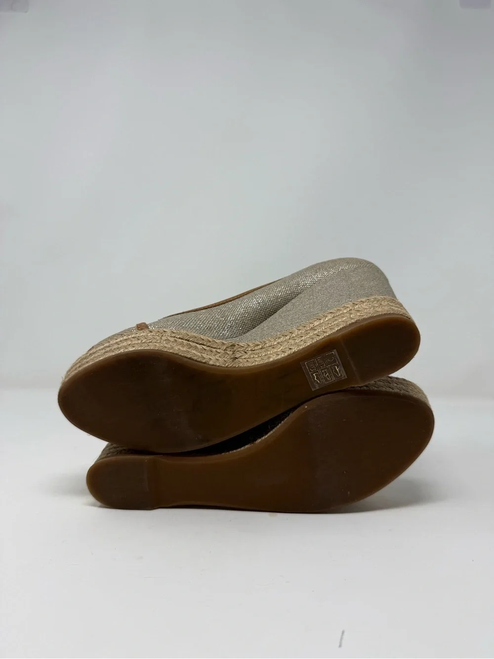 Tory Burch Taupe and Tan Espadrille Wedge Peep-Toe